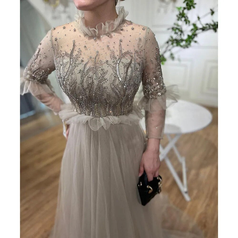 Vestido de noche color caramelo, corte A, cuello redondo, con cuentas y cristales, mangas largas para mujer, ideal para bodas, 2025, LA70147