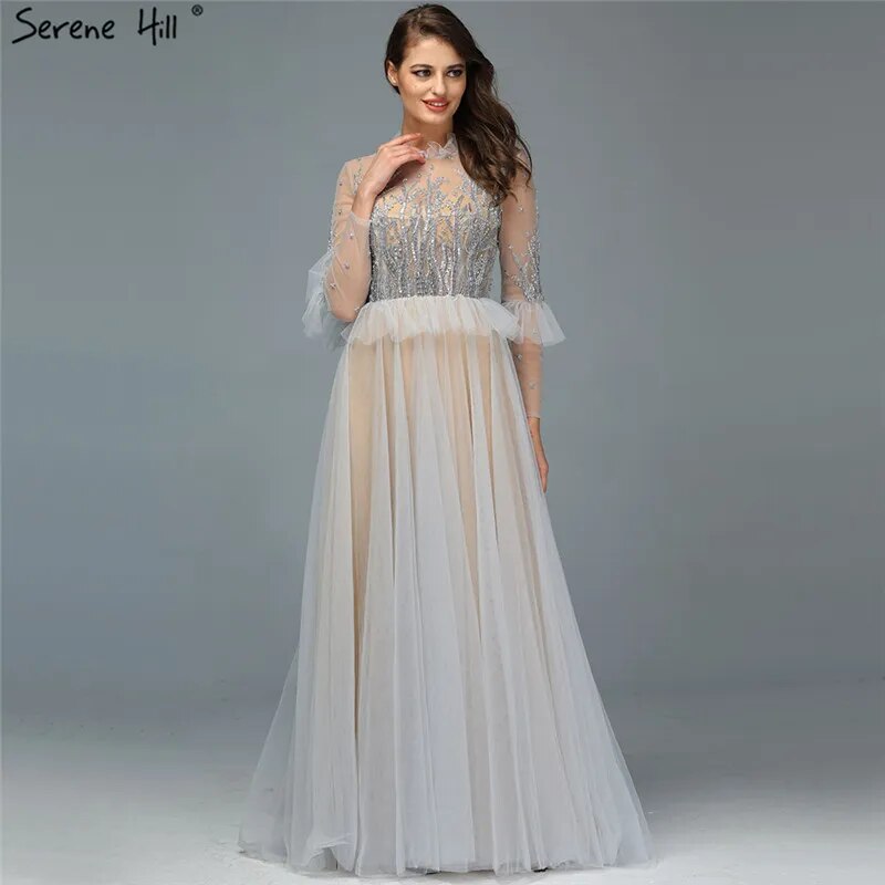 Vestido de noche color caramelo, corte A, cuello redondo, con cuentas y cristales, mangas largas para mujer, ideal para bodas, 2025, LA70147