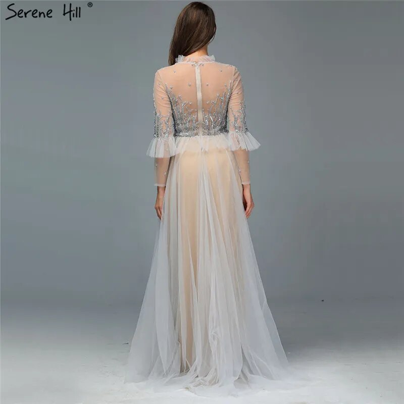 Vestido de noche color caramelo, corte A, cuello redondo, con cuentas y cristales, mangas largas para mujer, ideal para bodas, 2025, LA70147