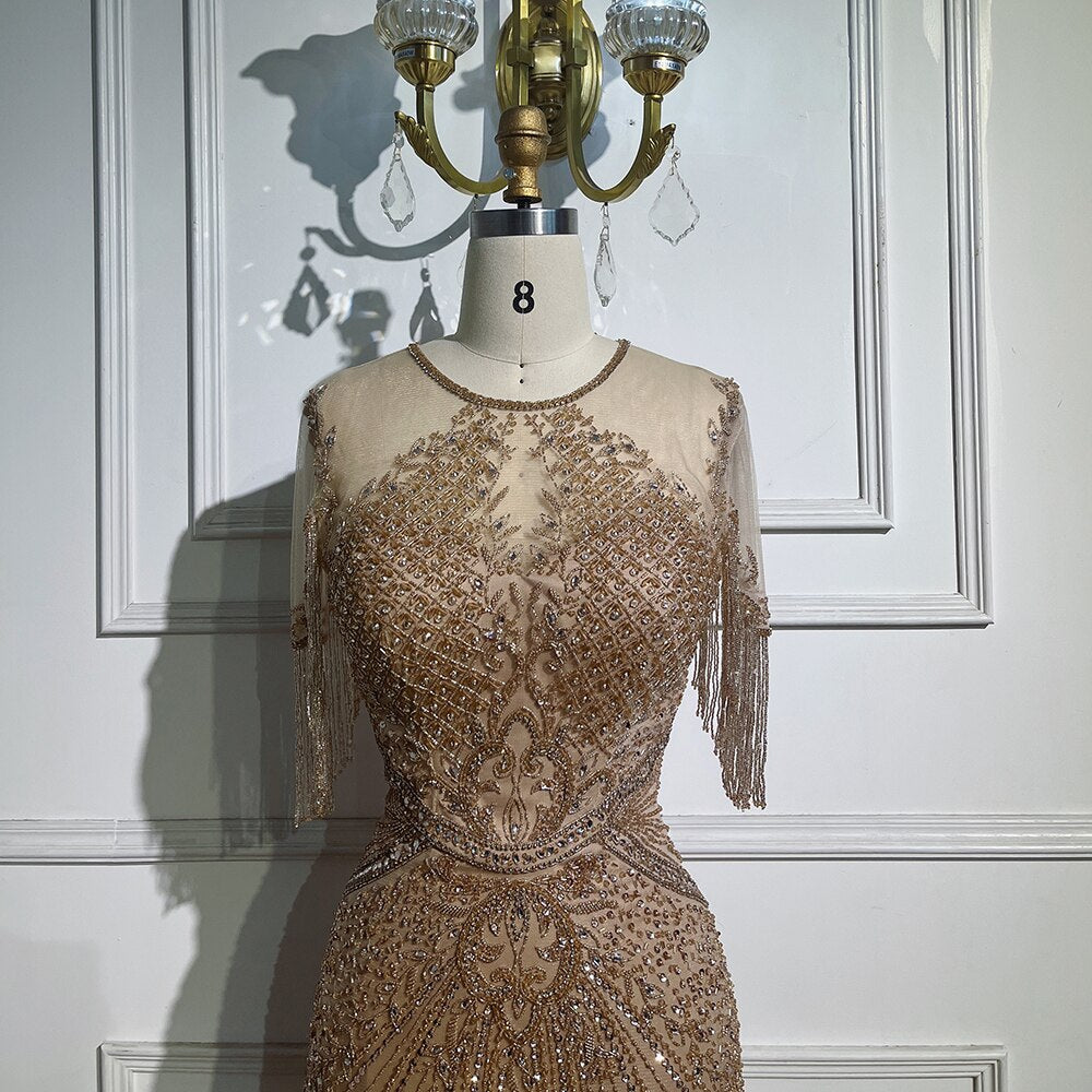 Vestidos de noche color caramelo con mangas casquillo, borlas y cuentas, estilo sirena, para la fiesta de bodas de la madre de la novia 2025 LA72069