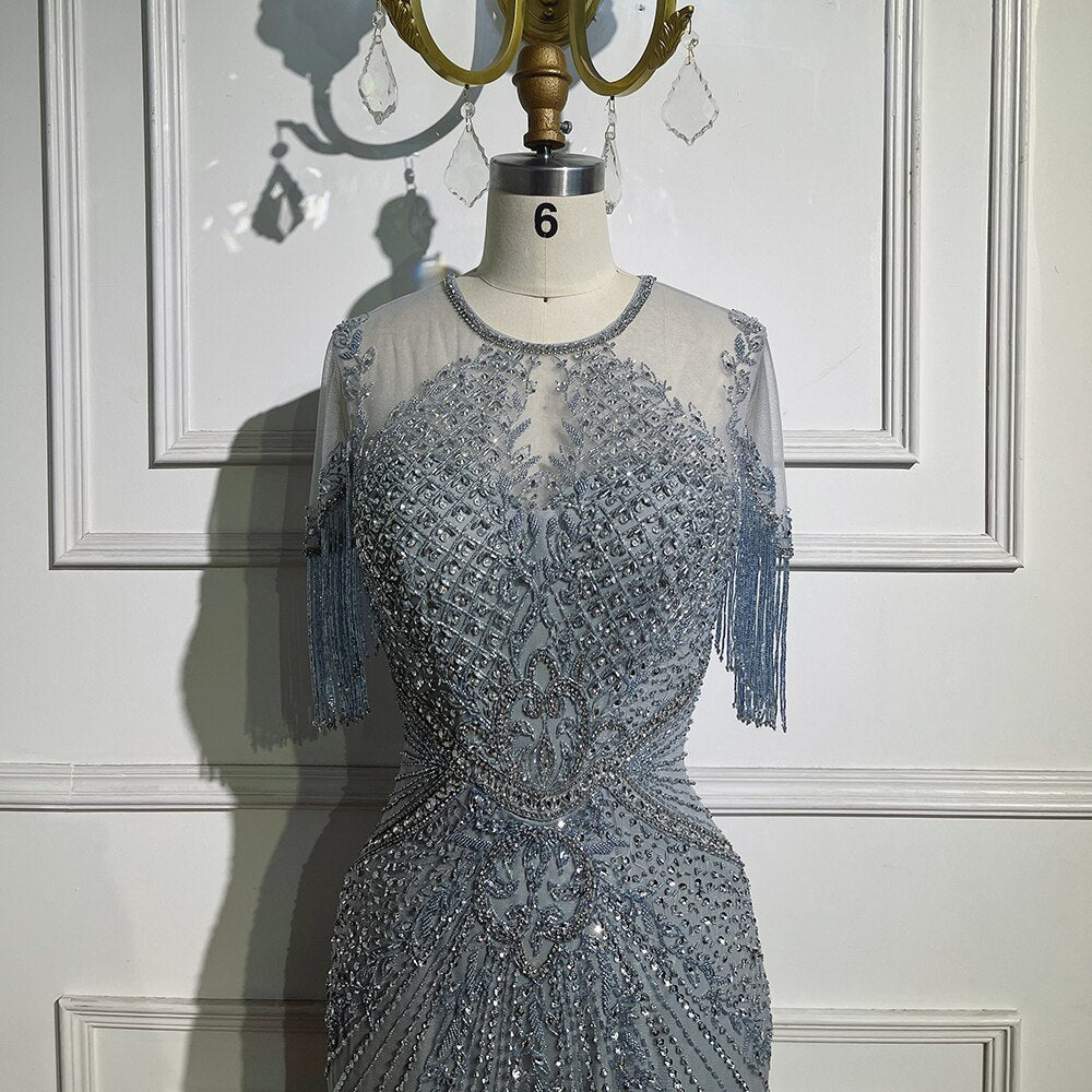 Vestidos de noche color caramelo con mangas casquillo, borlas y cuentas, estilo sirena, para la fiesta de bodas de la madre de la novia 2025 LA72069