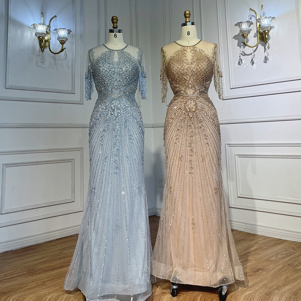 Vestidos de noche color caramelo con mangas casquillo, borlas y cuentas, estilo sirena, para la fiesta de bodas de la madre de la novia 2025 LA72069