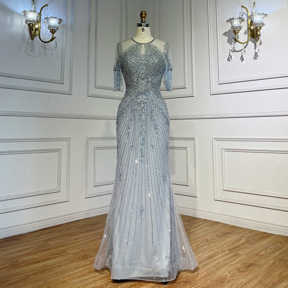Vestidos de noche color caramelo con mangas casquillo, borlas y cuentas, estilo sirena, para la fiesta de bodas de la madre de la novia 2025 LA72069