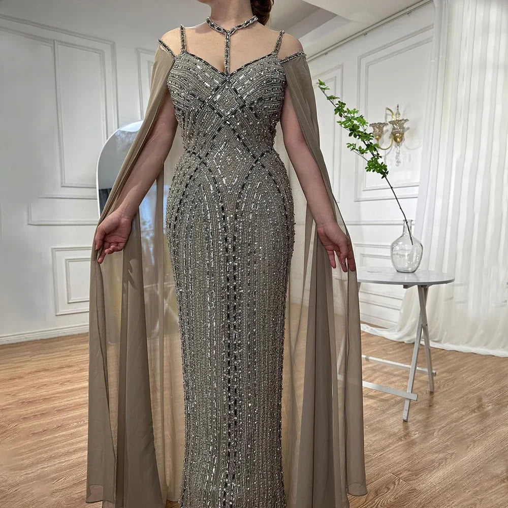 Karamell Cape Ärmel Meerjungfrau Abendkleider Luxus Perlen Party Kleider 2025 Für Frauen LA72053
