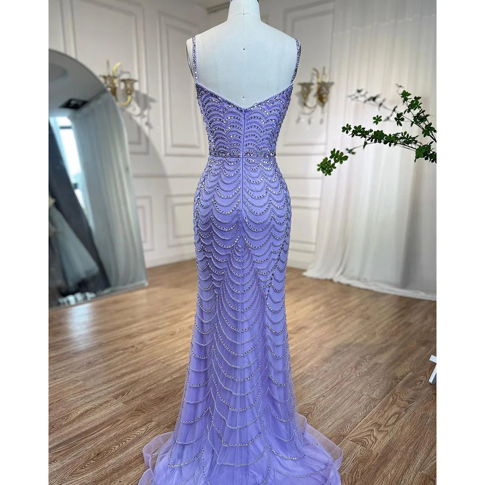 En oferta, sin devolución ni reembolso, elegante vestido de noche de sirena árabe de lujo con tirantes finos divididos y cuentas en color lila para ocasiones formales 2025 LA72109