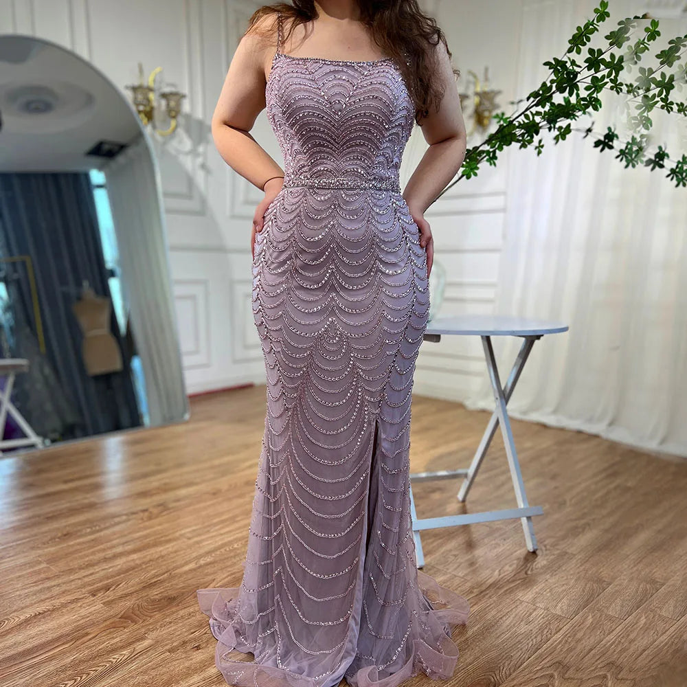 En oferta, sin devolución ni reembolso, elegante vestido de noche de sirena árabe de lujo con tirantes finos divididos y cuentas en color lila para ocasiones formales 2025 LA72109