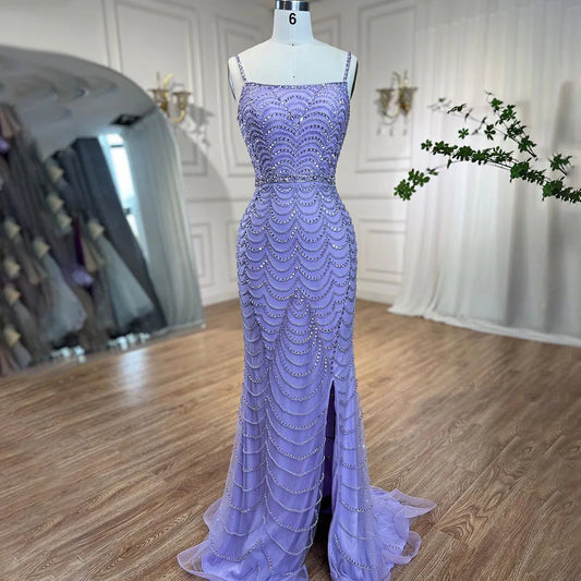 En oferta, sin devolución ni reembolso, elegante vestido de noche de sirena árabe de lujo con tirantes finos divididos y cuentas en color lila para ocasiones formales 2025 LA72109