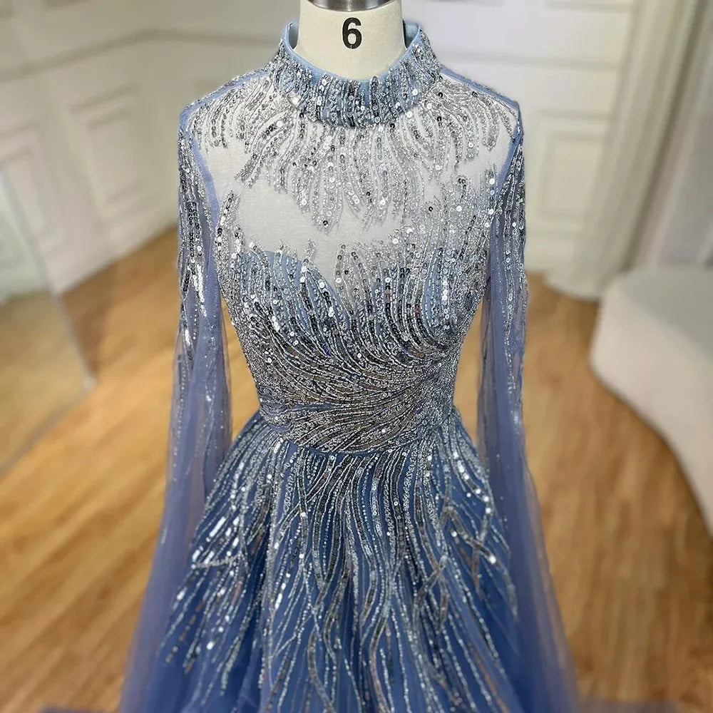 Vestido de noche de lujo color caramelo con mangas estilo capa, corte A, con encaje y cuentas, para boda femenina 2025 LA72386