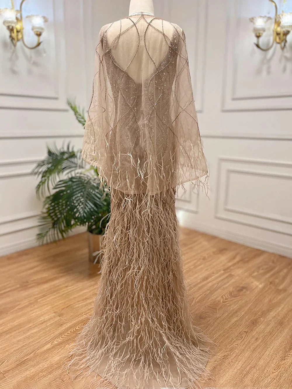 Vestido de noche de sirena color caramelo con cuentas y plumas, de lujo, elegante para mujer, para fiesta de bodas 2025 LA71866
