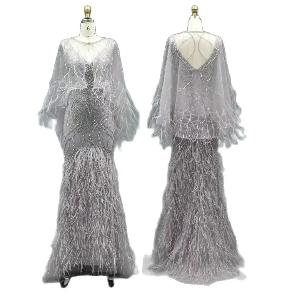Vestido de noche de sirena color caramelo con cuentas y plumas, de lujo, elegante para mujer, para fiesta de bodas 2025 LA71866