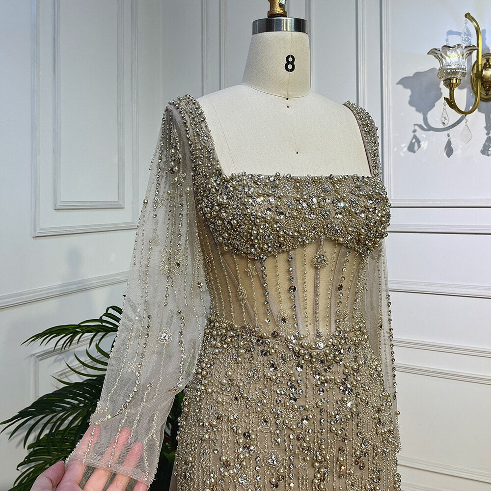 Vestidos de noche árabes de lujo con cuentas de sirena color caramelo y falda para mujer, para fiesta de bodas 2025 LA72014