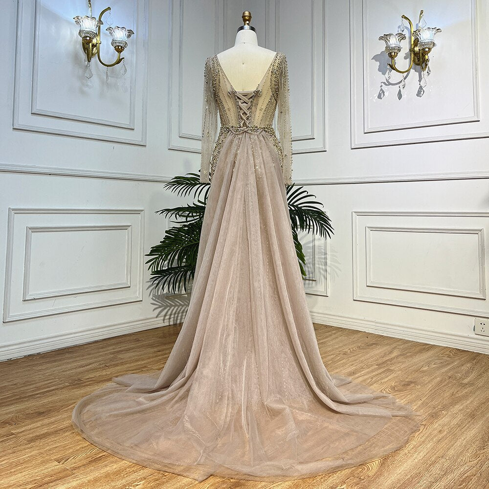 Vestidos de noche árabes de lujo con cuentas de sirena color caramelo y falda para mujer, para fiesta de bodas 2025 LA72014