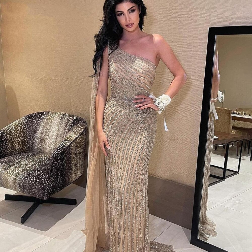 Vestido de noche de lujo con cuentas y mangas largas, estilo sirena, color caramelo, sexy, con abertura alta, para mujer, para boda, fiesta, LA71708