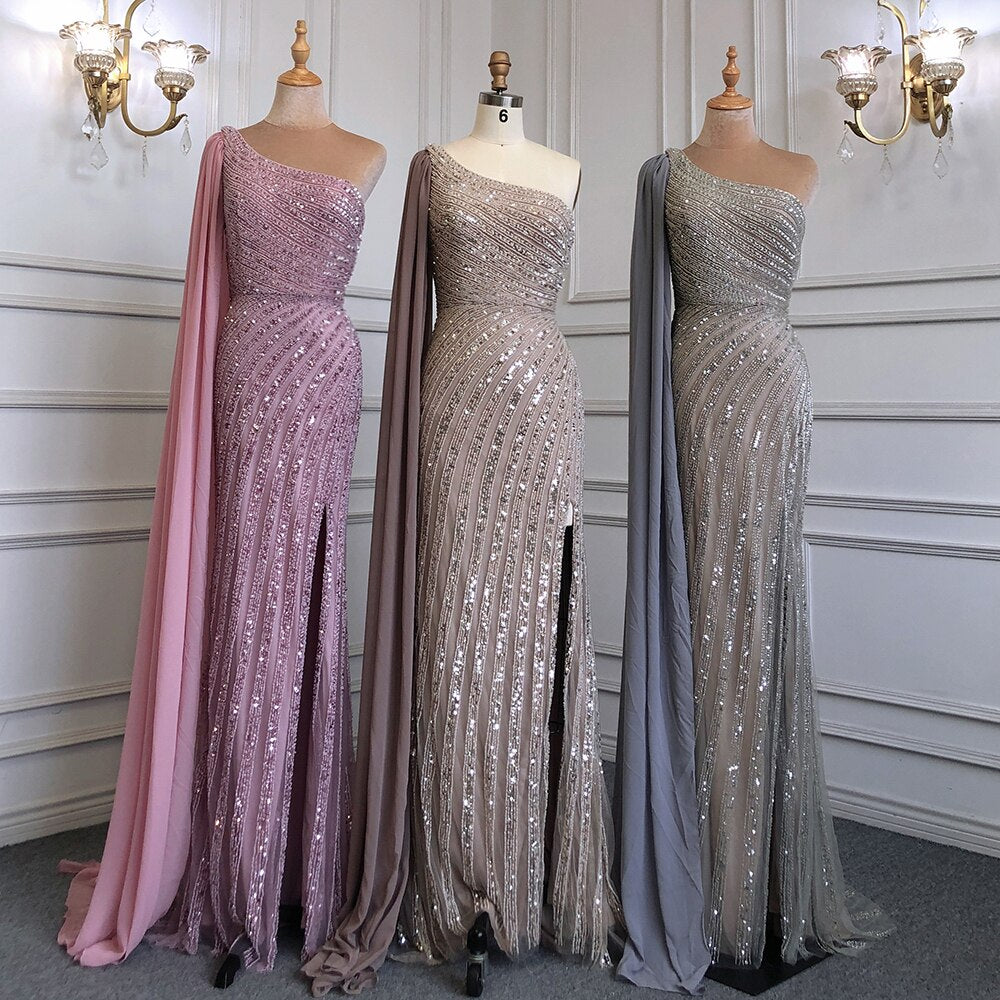 Vestido de noche de lujo con cuentas y mangas largas, estilo sirena, color caramelo, sexy, con abertura alta, para mujer, para boda, fiesta, LA71708