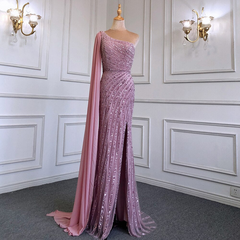 Vestido de noche de lujo con cuentas y mangas largas, estilo sirena, color caramelo, sexy, con abertura alta, para mujer, para boda, fiesta, LA71708