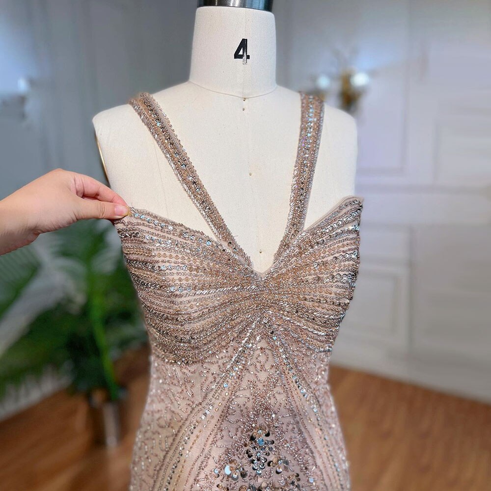 Vestido de noche de lujo con cuentas y tirantes finos, estilo sirena color caramelo, para mujer, ideal para bodas 2025, LA71849