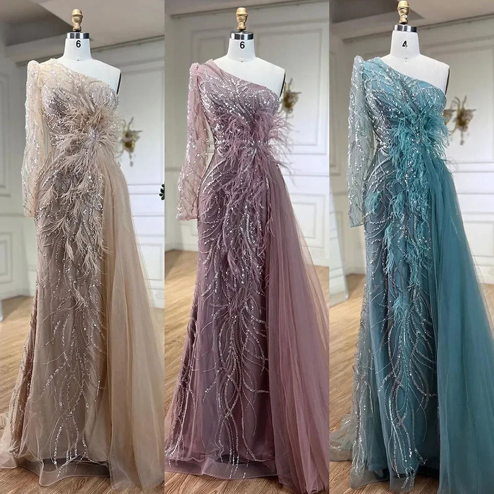 Vestido de noche de sirena color caramelo con sobrefalda, un hombro, plumas y cuentas, para mujer, fiesta 2025 LA71789A