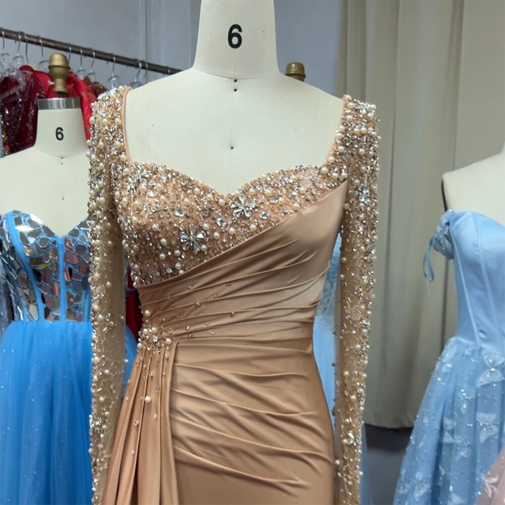 Elegante vestido de noche musulmán de sirena color caramelo con sobrefalda de encaje y cuentas de lujo para mujer, vestido de fiesta LA72025
