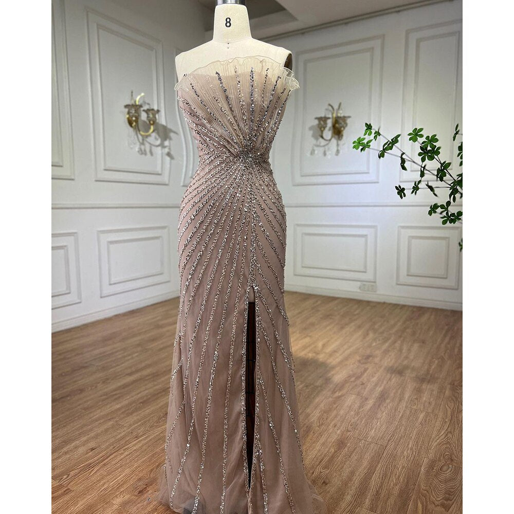 Vestido de noche de sirena con hombros descubiertos y abertura alta, sexy, color caramelo, con cuentas, para mujer, boda, fiesta, LA72049