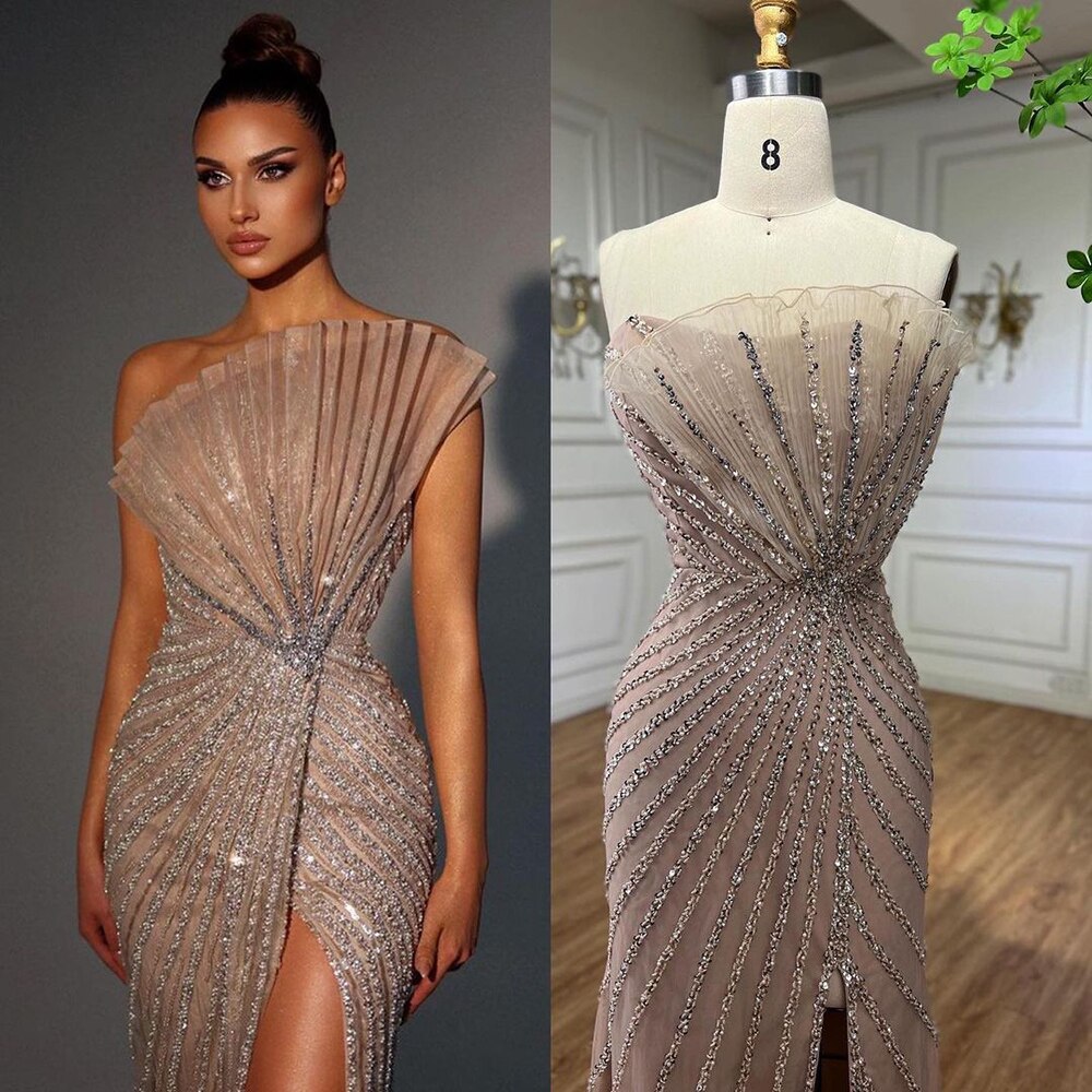 Vestido de noche de sirena con hombros descubiertos y abertura alta, sexy, color caramelo, con cuentas, para mujer, boda, fiesta, LA72049