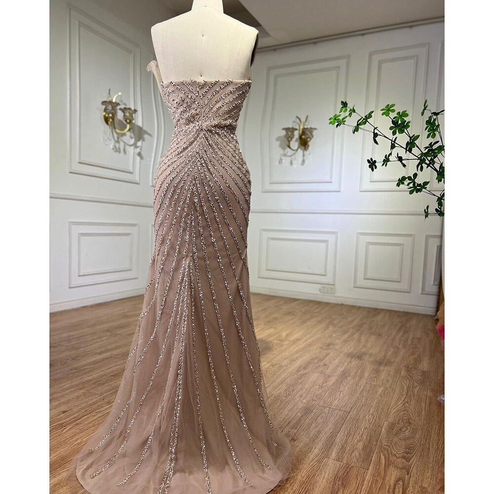 Vestido de noche de sirena con hombros descubiertos y abertura alta, sexy, color caramelo, con cuentas, para mujer, boda, fiesta, LA72049