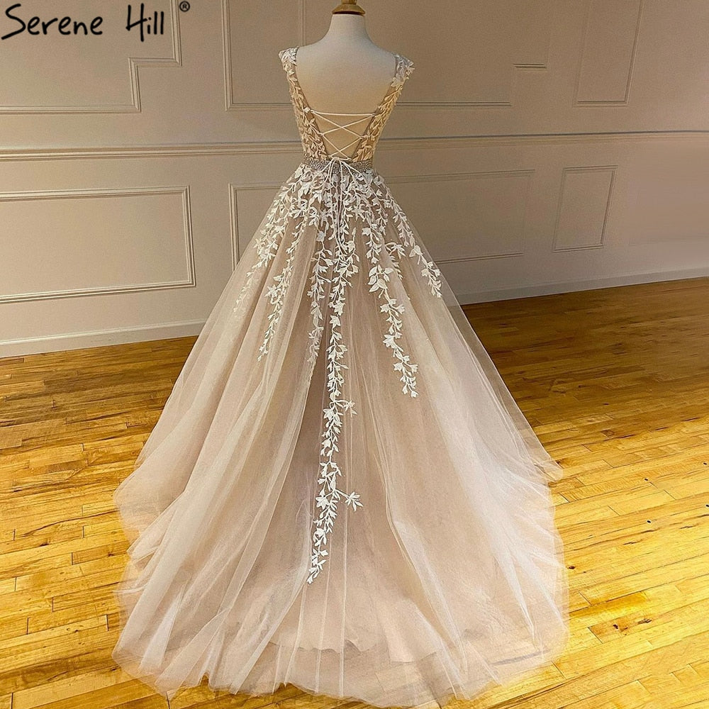 Vestidos de fiesta sexys color champán, corte A, con encaje y cuentas, flores, para graduación, escuela, LA71177