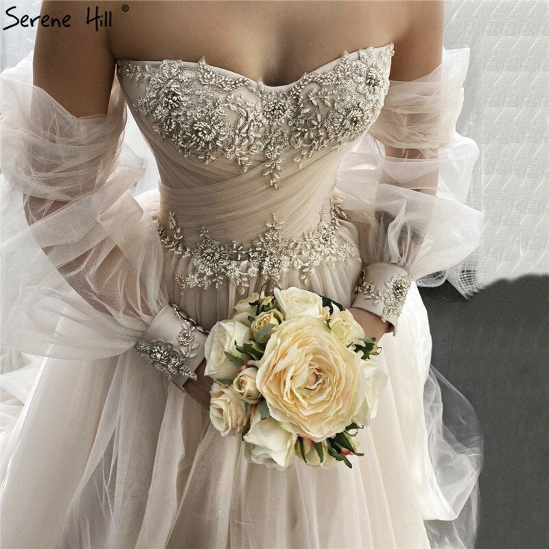 Vestidos de novia sexys con mangas de farol color champán 2025, vestidos de novia con fotografía de abalorios HA2329, hechos a medida