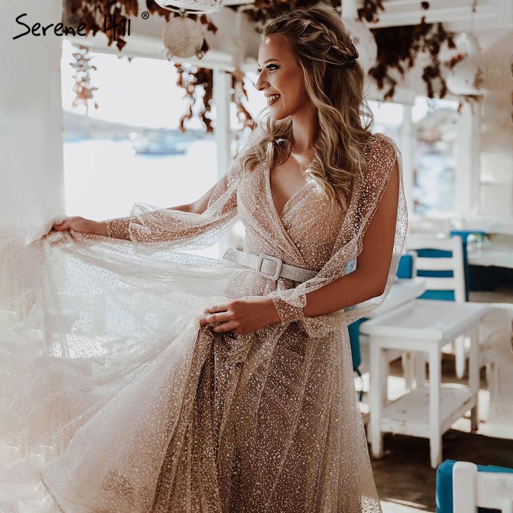 Vestidos de noche con mangas farol color champán, corte A, encaje con cuentas, para mujer, fiesta, LA71346