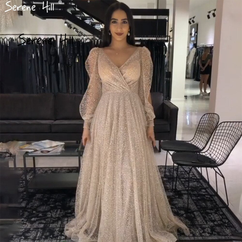 Vestidos de noche con mangas farol color champán, corte A, encaje con cuentas, para mujer, fiesta, LA71346