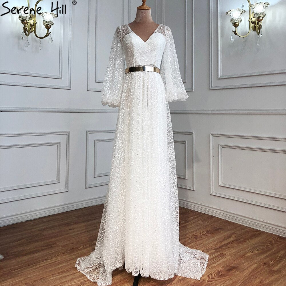 Vestido de noche de playa con escote en V y mangas farol color champán, corte A, de encaje, LA70194