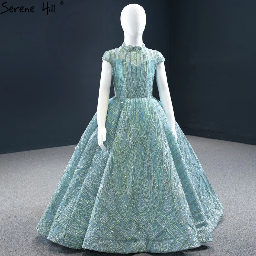 Vestidos de niña de las flores con mangas cortas en azul agua brillante para fiesta y boda 2025 HTA0051