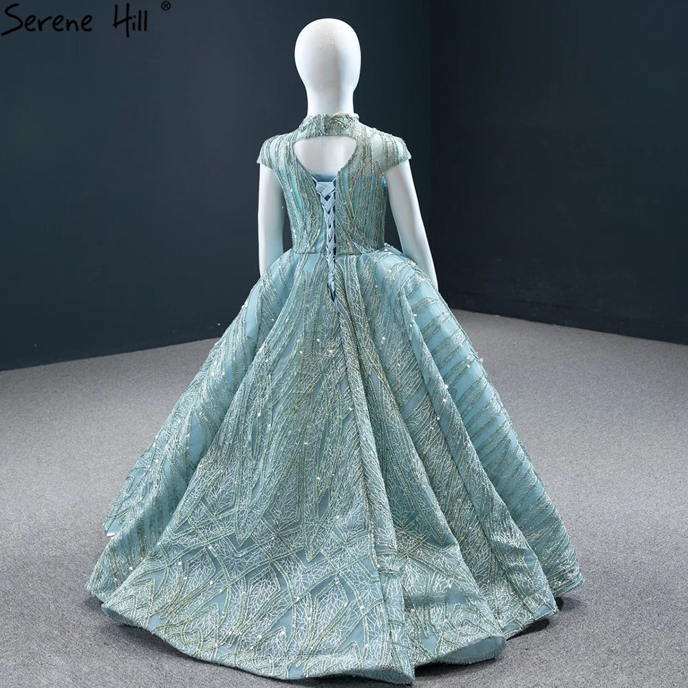 Vestidos de niña de las flores con mangas cortas en azul agua brillante para fiesta y boda 2025 HTA0051