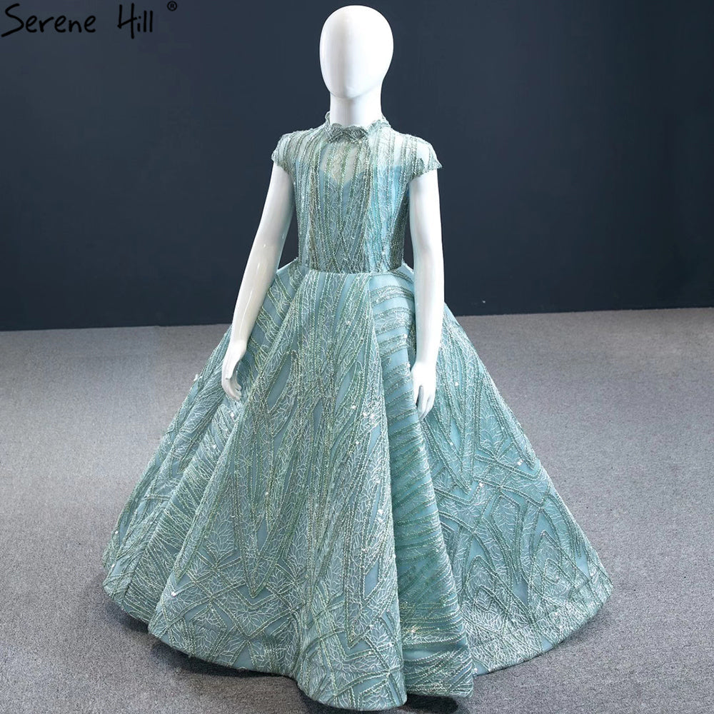Vestidos de niña de las flores con mangas cortas en azul agua brillante para fiesta y boda 2025 HTA0051
