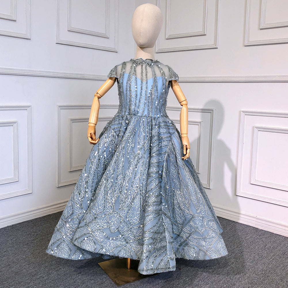 Vestidos de niña de las flores con mangas cortas en azul agua brillante para fiesta y boda 2025 HTA0051