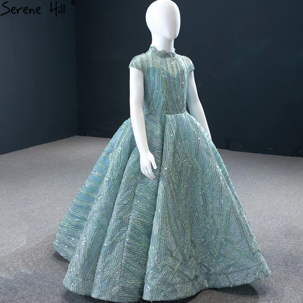 Vestidos de niña de las flores con mangas cortas en azul agua brillante para fiesta y boda 2025 HTA0051