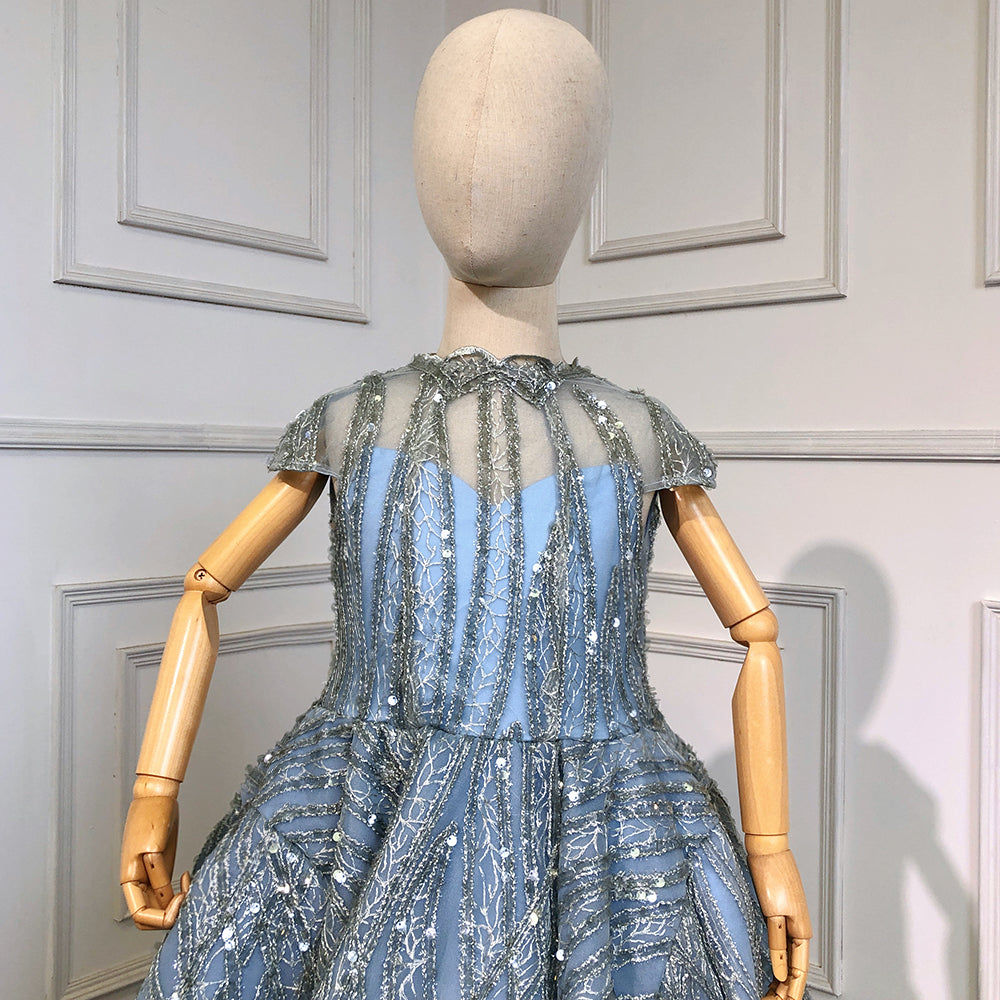 Vestidos de niña de las flores con mangas cortas en azul agua brillante para fiesta y boda 2025 HTA0051