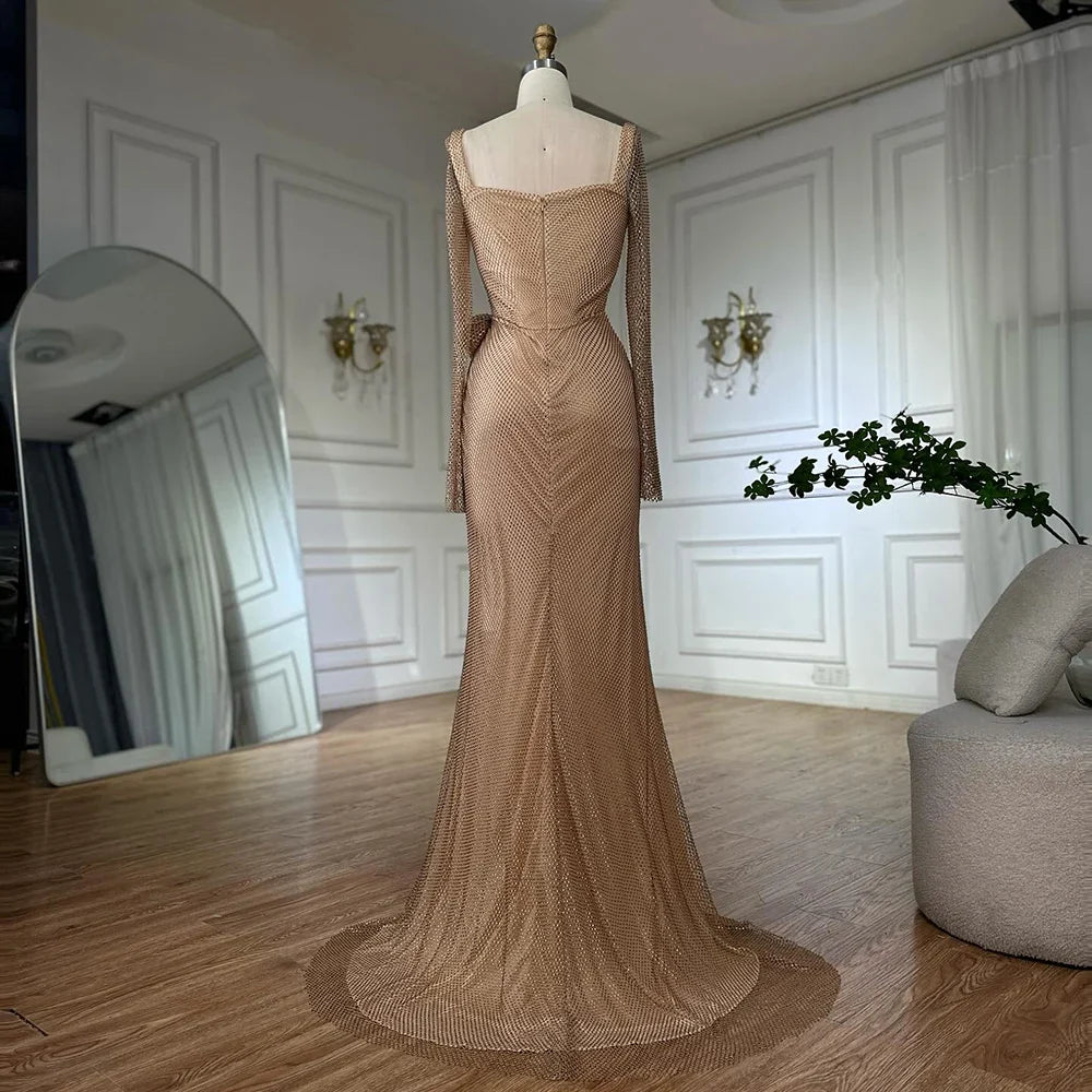 Vestido de noche árabe saudí, elegante, color piel, con abertura alta y cuentas, estilo sirena, para ocasiones formales, LA72801A, 2025