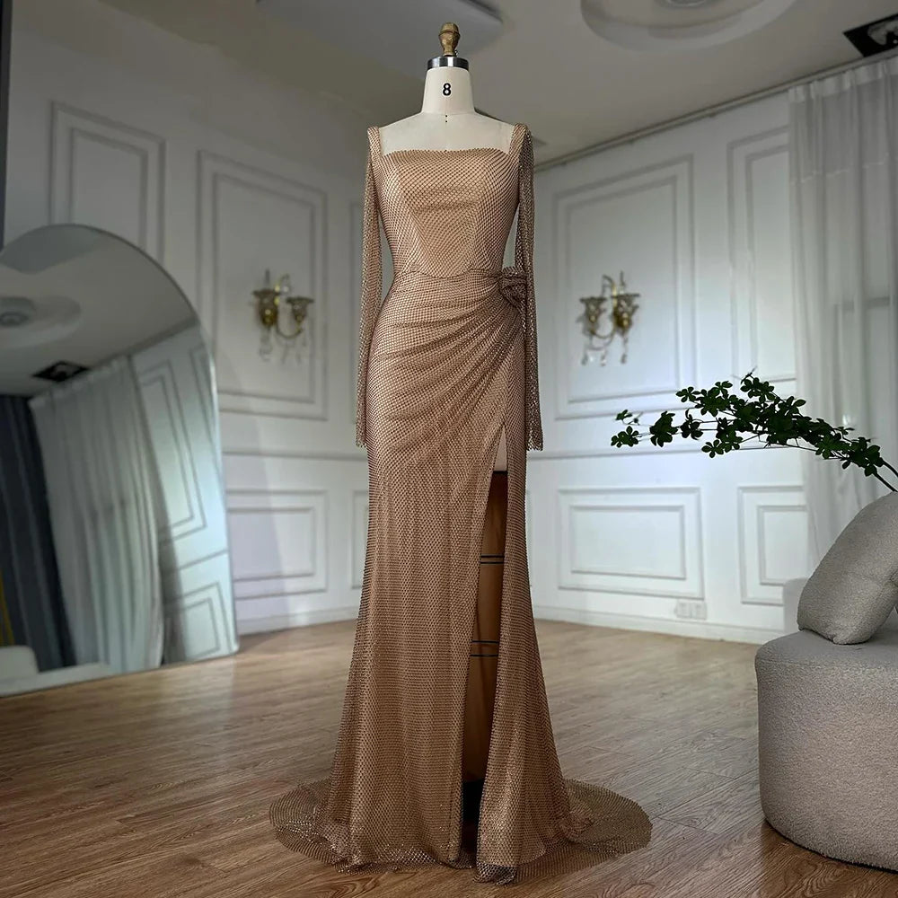 Vestido de noche árabe saudí, elegante, color piel, con abertura alta y cuentas, estilo sirena, para ocasiones formales, LA72801A, 2025