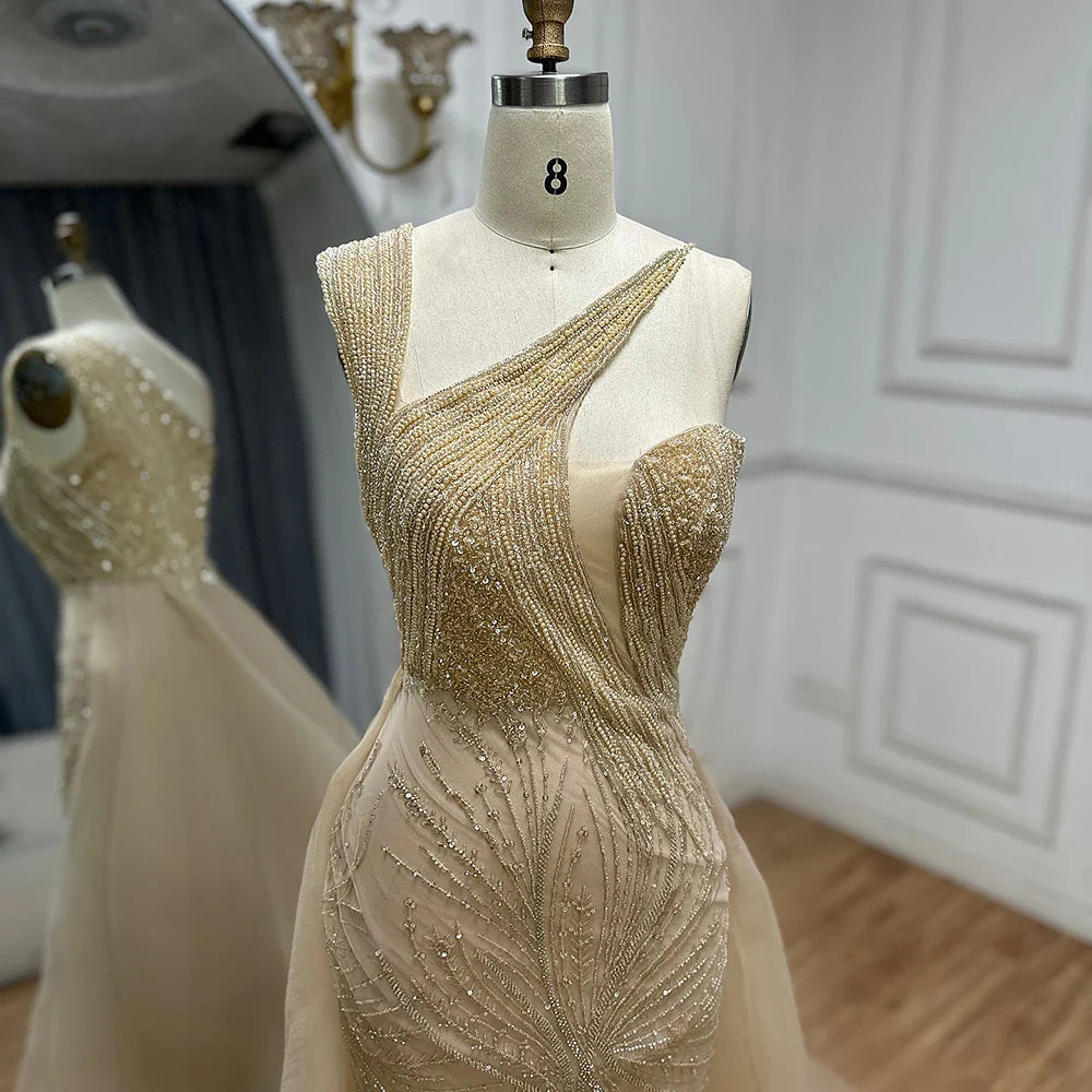 2025 Nude Mermaid Green Evening Gown with Elegant One Shoulder Overskirt for Formal Occasion LA72031A
