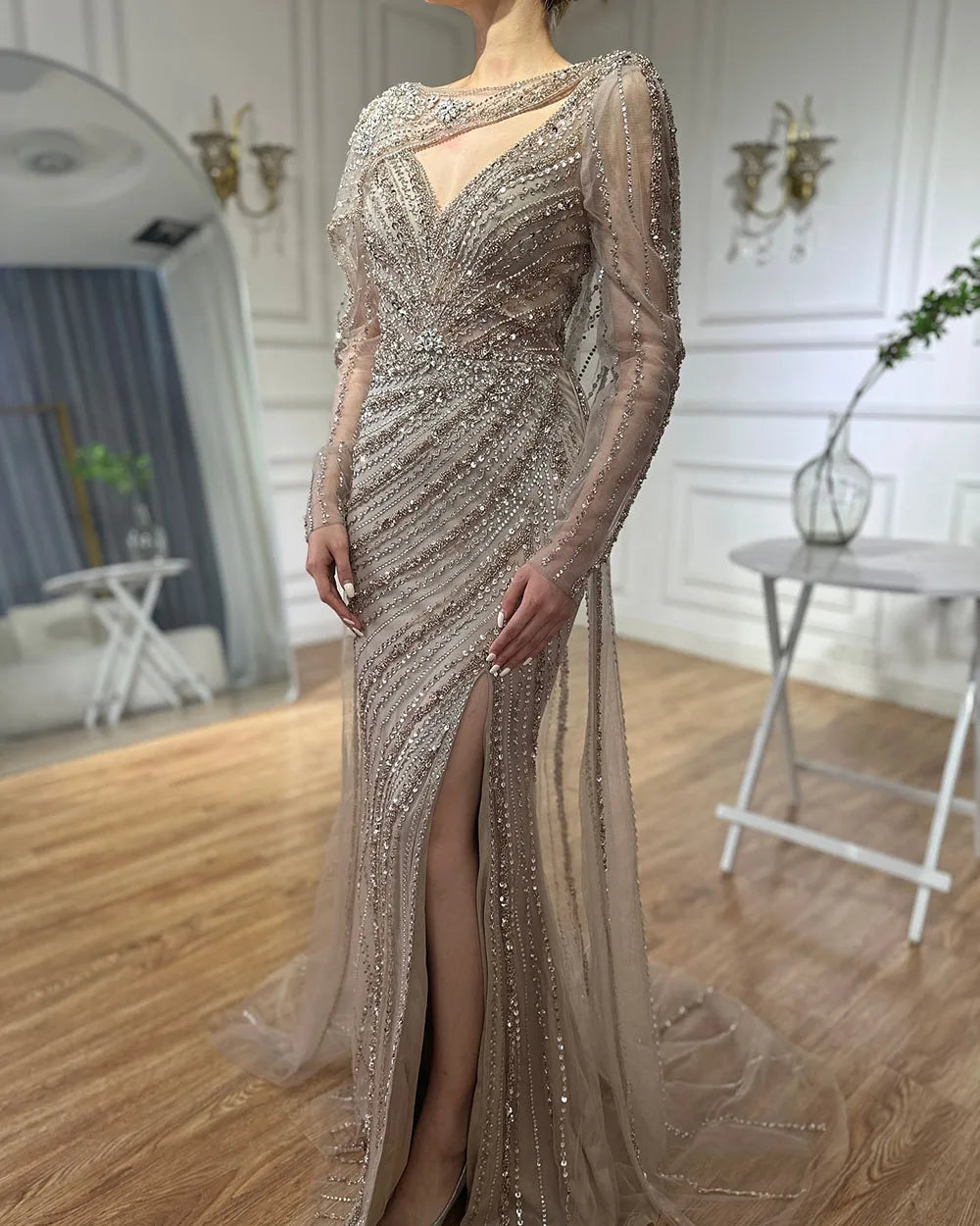2025 Brown Luxury Mermaid Evening Dress Gown Beaded Elegant High Split For Formal Occasion LA70301L