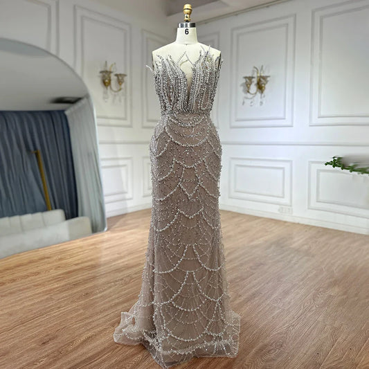 2025 Nude Saudi Pearls Perlen Trägerloses Meerjungfrau Abendkleider Kleider für formelle Anlässe LA72816