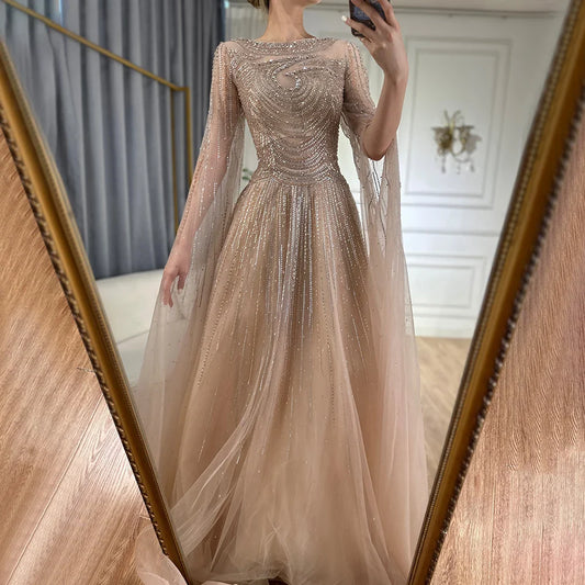 Arabisches Karamell-Saudi-Abendkleid mit Cape-Ärmeln, A-Linie, mit Perlen verziert, für Hochzeitsfeier 2025 LA72799