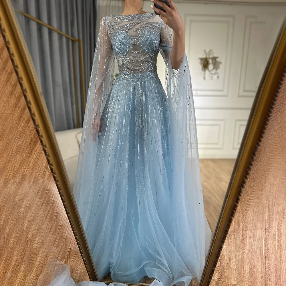 Vestidos de noche árabes saudíes color caramelo con mangas capa, corte A y cuentas para bodas 2025 LA72799