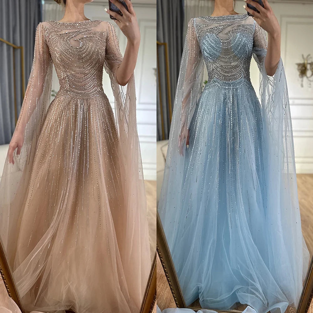 Vestidos de noche árabes saudíes color caramelo con mangas capa, corte A y cuentas para bodas 2025 LA72799