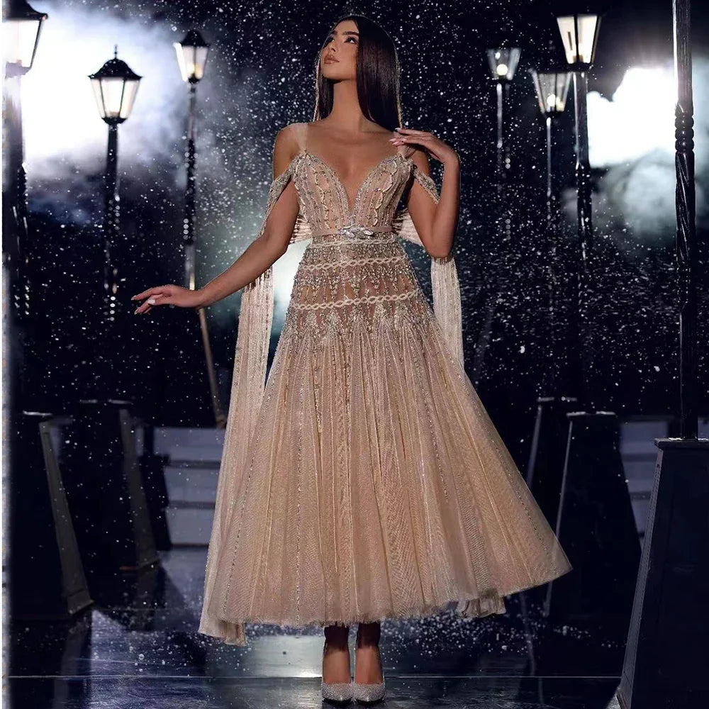 Vestidos de noche árabes nude, corte A, tirantes midi, con cuentas, para mujer, boda, fiesta, LA71911