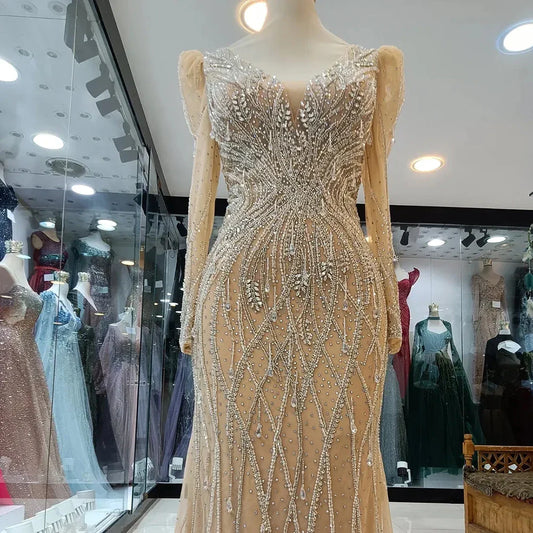 Elegantes Abendkleid im Meerjungfrauenstil, hautfarben, mit Perlen besetzt, für formelle Anlässe, Saudi-Arabisch, LA72827 2025