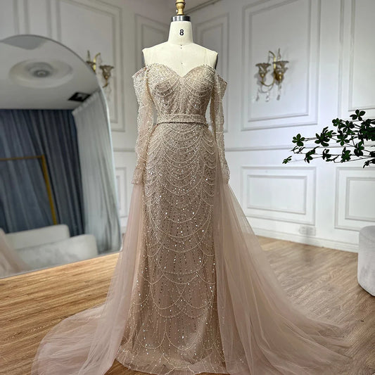 Vestido de noche árabe de sirena color piel con cuentas y falda desmontable para ocasiones formales 2025 LA72243A