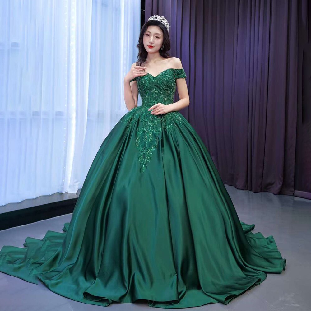 Vestido de novia verde oscuro de alta gama, sexy, con hombros descubiertos, de lujo, con encaje y cuentas, hecho a medida, HM67533, 2025