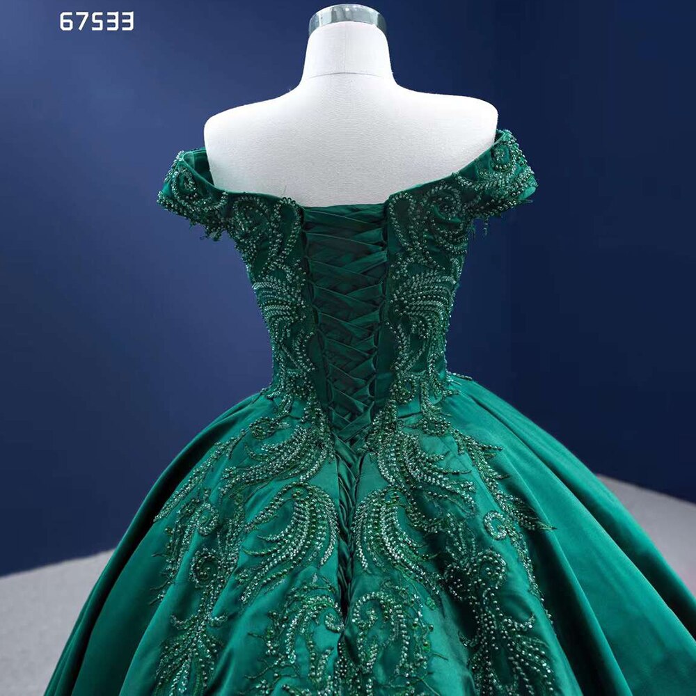 Vestido de novia verde oscuro de alta gama, sexy, con hombros descubiertos, de lujo, con encaje y cuentas, hecho a medida, HM67533, 2025