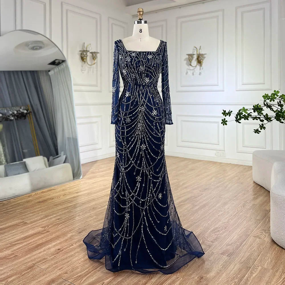 Vestido de sirena verde oscuro con cuentas de cristal, vestido de noche árabe para mujer, perfecto para bodas y fiestas 2025 LA72242
